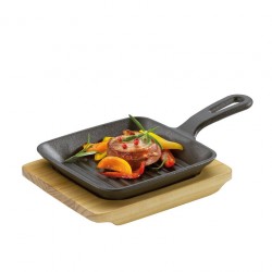 Bistecchiere e piastre: Padella grill in ghisa con supporto in legno quadro