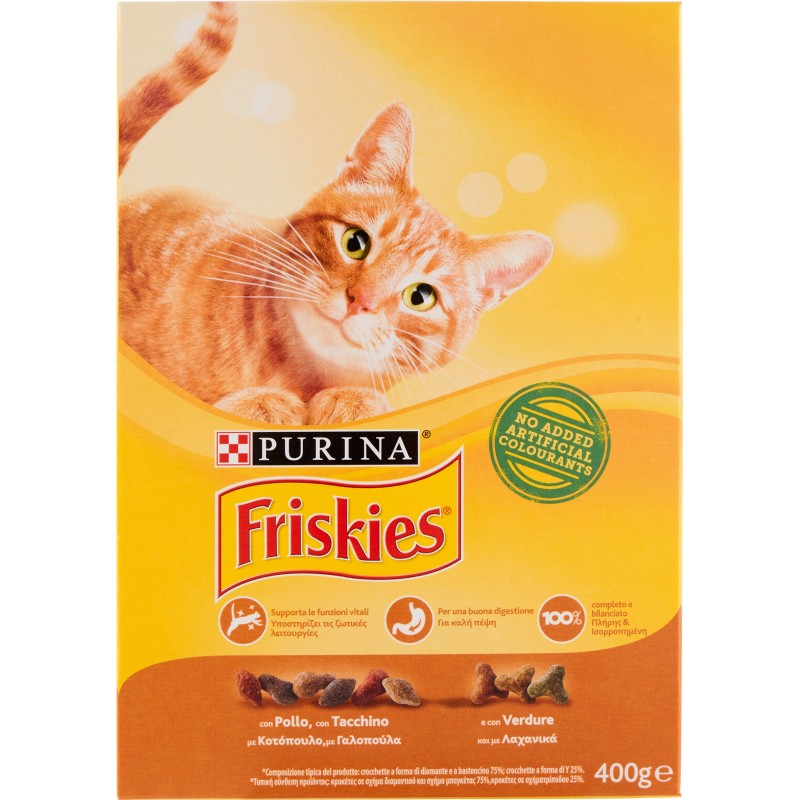 Friskies Purina gatto crocchette adult con pollo tacchino e olive scatola gr.400 Friskies Purina gatto crocchette adult con pollo tacchino e olive scatola gr.400
