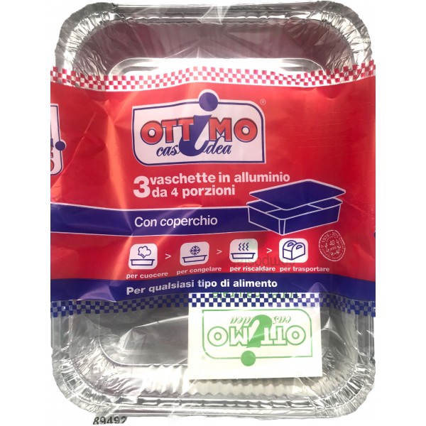 Ottimo vaschette alluminio con coperchio 4 porzioni pz.3 Ottimo vaschette alluminio con coperchio 4 porzioni pz.3