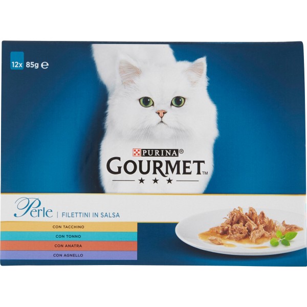 PURINA GOURMET Perle Gatto Filettini in Salsa con Tacchino, Tonno, Anatra e Agnello Busta 12x85g