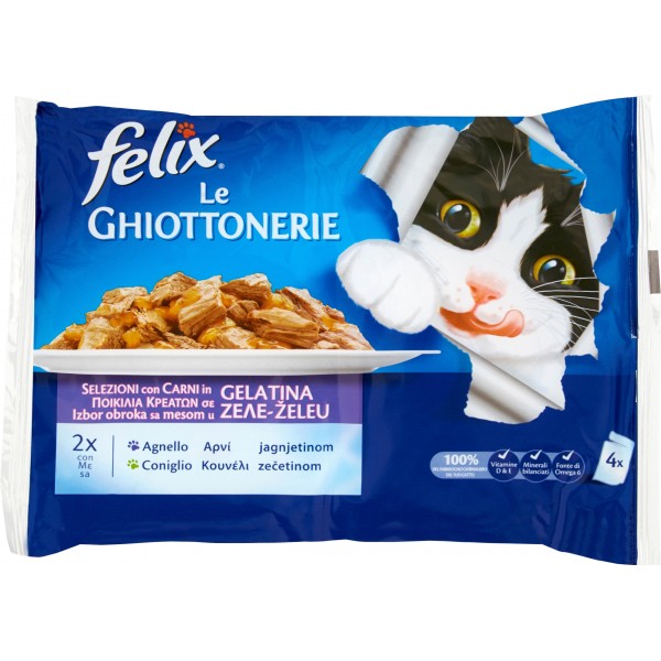 PURINA FELIX Le GHIOTTONERIE Gatto Con Agnello e Coniglio in Gelatina Busta 4x100 gr.