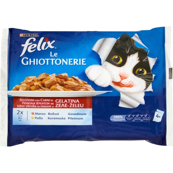 PURINA FELIX Le GHIOTTONERIE Con Manzo e Con Pollo in Gelatina Busta 4x100 gr.