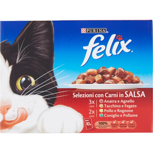 PURINA FELIX con: Anatra/Agnello, Tacchino/Fegato, Pollo/Rognone, Coniglio/Pollame in Salsa 10x100 gr.