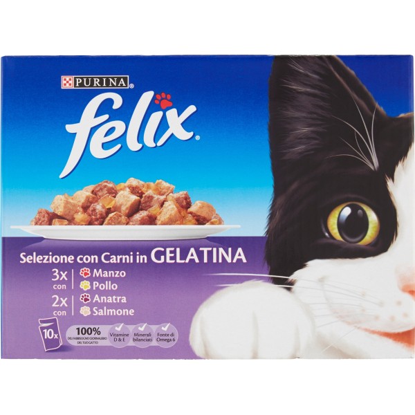 PURINA FELIX Gatto Con Manzo, con Pollo, con Anatra e con Salmone in Gelatina Busta 10x100 gr.