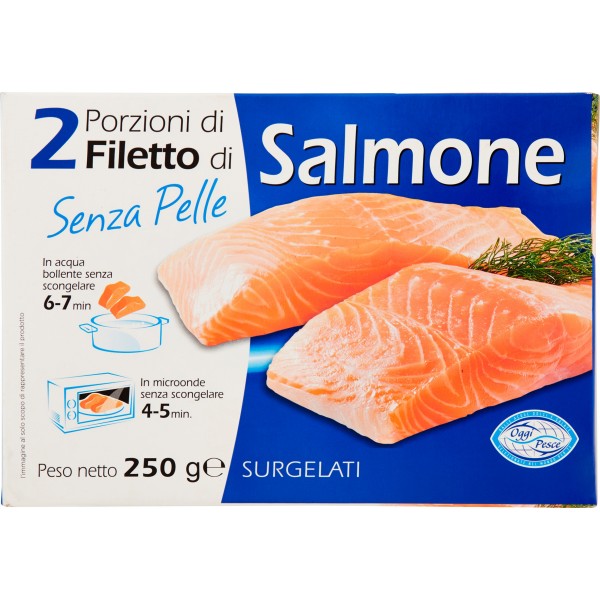 Oggi Pesce 2 Porzioni di Filetto di Salmone Senza Pelle Surgelati 250 gr. Oggi Pesce 2 Porzioni di Filetto di Salmone Senza Pelle Surgelati 250 gr.