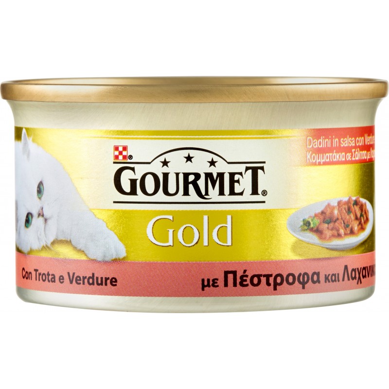 PURINA GOURMET Gold Gatto Dadini con Trota e verdure in salsa con verdure lattina 85 gr. PURINA GOURMET Gold Gatto Dadini con Trota e verdure in salsa con verdure lattina 85 gr.