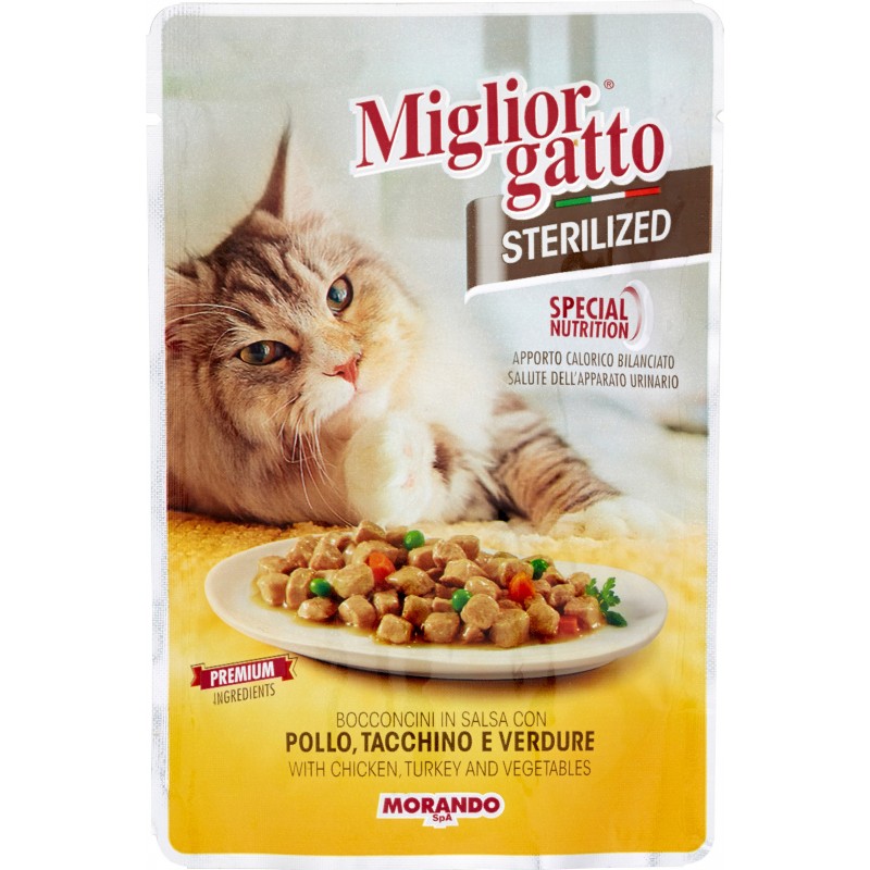 Migliorgatto Sterilized Bocconcini in Salsa con Pollo Tacchino e Verdure 85 gr. Migliorgatto Sterilized Bocconcini in Salsa con Pollo Tacchino e Verdure 85 gr.