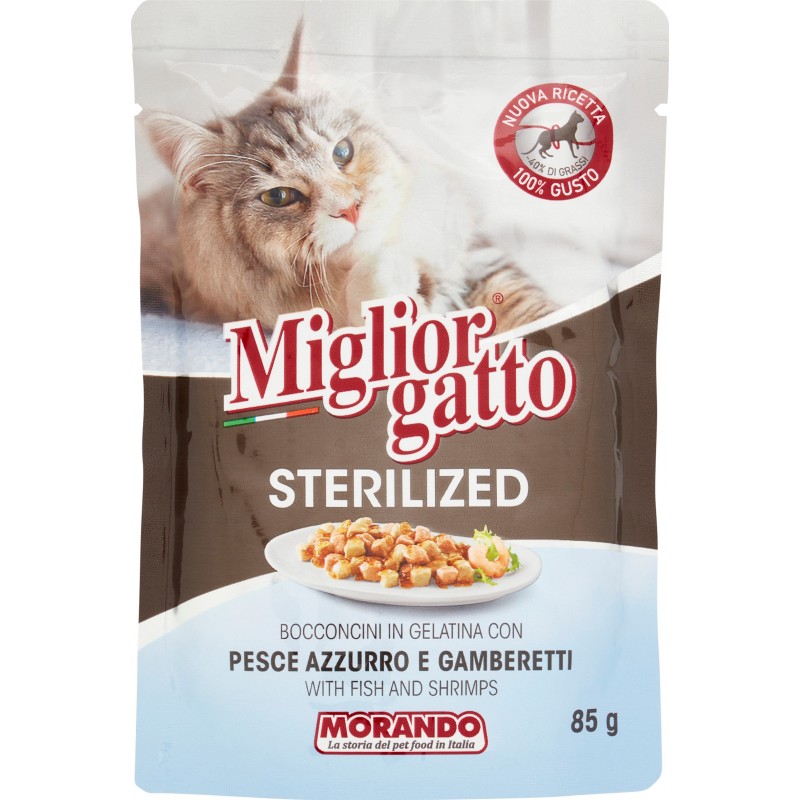 Migliorgatto Sterilized Bocconcini in Gelatina con Pesce Azzurro e Gamberetti 85 gr. Migliorgatto Sterilized Bocconcini in Gelatina con Pesce Azzurro e Gamberetti 85 gr.