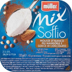 Müller Mix Soffio Mousse di Bianco Più Mandorle e Gocce di Cioccolato 120 gr.
