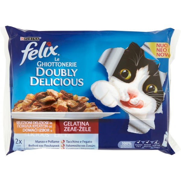 PURINA FELIX DOUBLY DELICIOUS Con Manzo e Pollo, Con Tacchino e Fegato in Gelatina Busta 4x100g