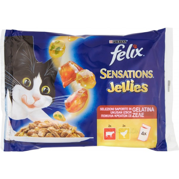 PURINA FELIX Sensations Jellies Gatto Con Manzo e Pomodoro e con Pollo e Carote Busta 4x100gr.