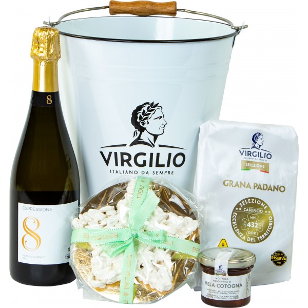 Virgilio Grana Padano 20 mesi, mostarda mantovana, Spumante, Stella di finissimo mandorlato, secchiello in latta