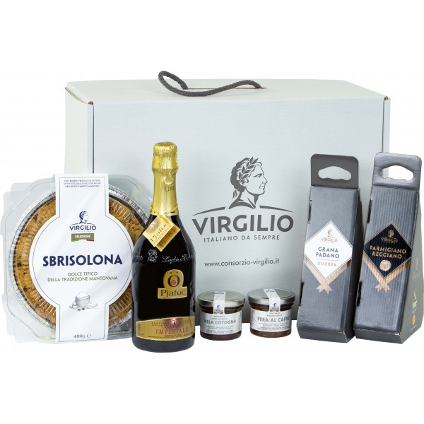 Virgilio Parmigiano Reggiano 30 mesi, Grana Padano 20 mesi 450 g, vino lambrusco, sbrisolona, mostarda
