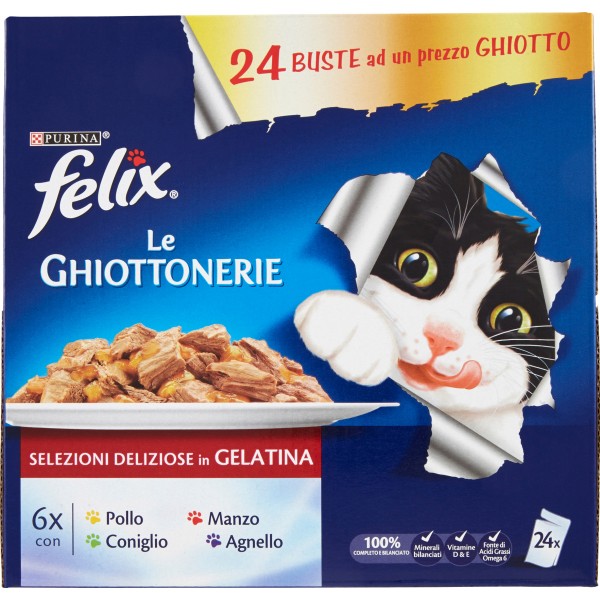 PURINA FELIX LE GHIOTTONERIE Gatto Umido con Manzo, con Pollo, con Coniglio, con Agnello 24x100 gr.