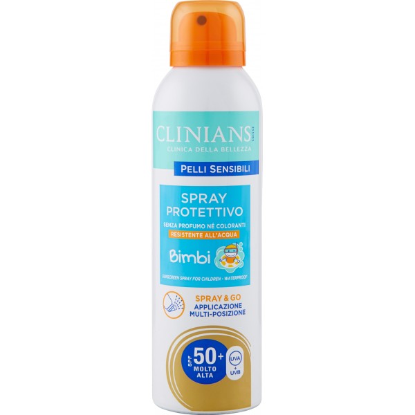 Clinians Pelli Sensibili Spray Protettivo Bimbi SPF 50 Molto Alta 150 mL. Clinians Pelli Sensibili Spray Protettivo Bimbi SPF 50 Molto Alta 150 mL.