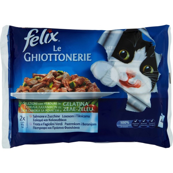 PURINA FELIX Le GHIOTTONERIE Con Salmone e Zucchine e con Trota e Fagiolini Verdi in Gelatina 4x100 gr.