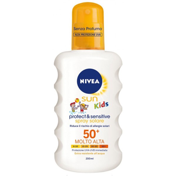 Nivea Sun kids sensitive protect & play Spray Solare FP 50+ Molto Alta 200 ml. Nivea Sun kids sensitive protect & play Spray Solare FP 50+ Molto Alta 200 ml.