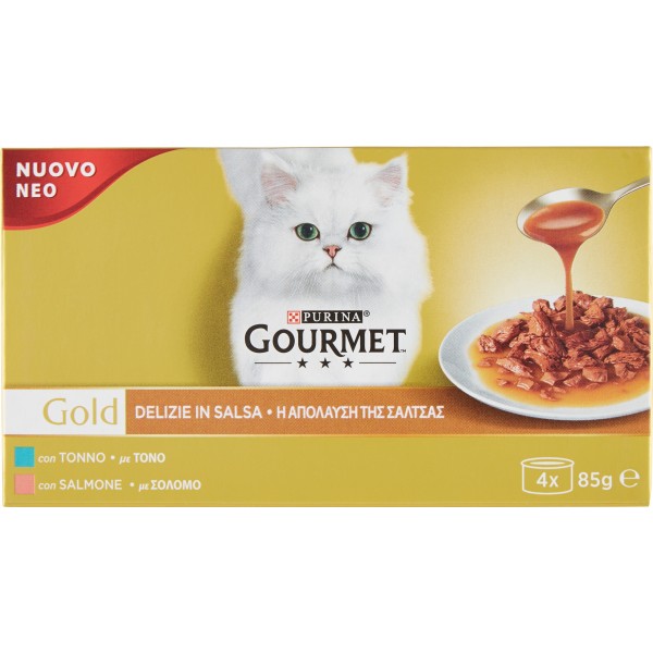 PURINA GOURMET Gold Gatto Delizie in Salsa con Salmone, Tonno Multipack Lattina 4x85 gr.