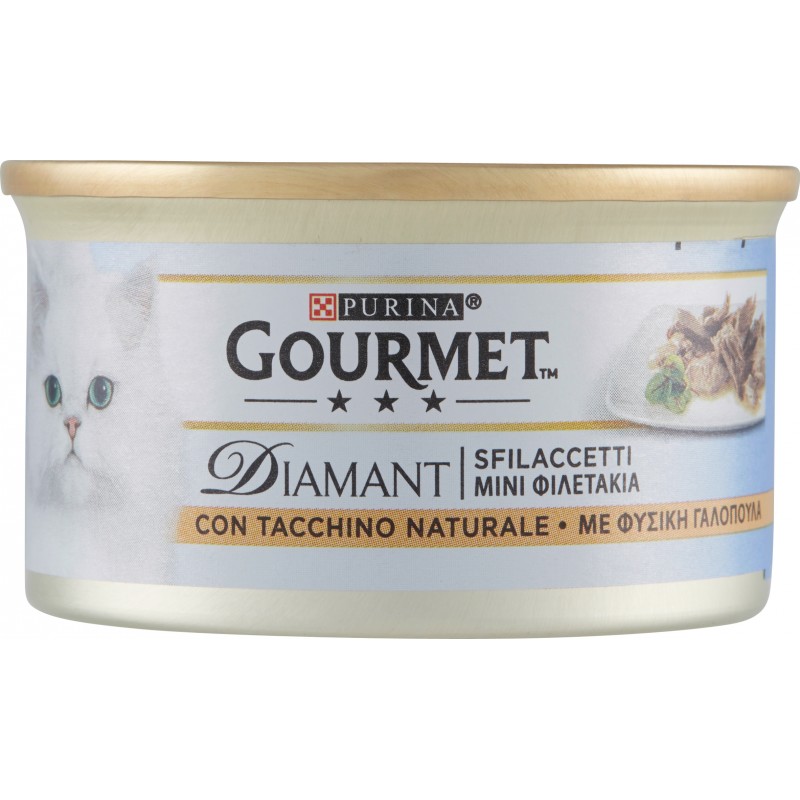 PURINA GOURMET Diamant Gatto Sfilaccetti con Tacchino Naturale lattina 85gr. PURINA GOURMET Diamant Gatto Sfilaccetti con Tacchino Naturale lattina 85gr.