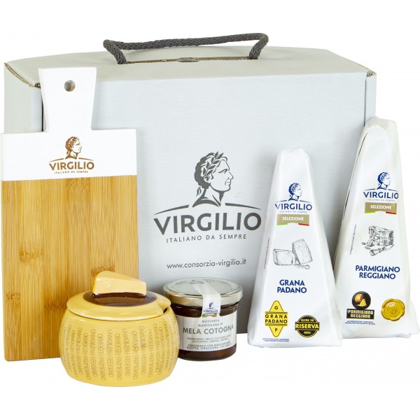 Virgilio Grana Padano Riserva 20 mesi e Parmigiano Reggiano 30 mesi 300 g, Mostarda artigianale 120 g, Formaggera e tagliere