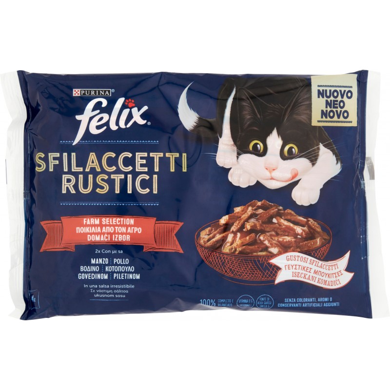 PURINA FELIX Gatto Umido Sfilaccetti Rustici con Manzo Pollo Multipack Busta 4x80 gr. PURINA FELIX Gatto Umido Sfilaccetti Rustici con Manzo Pollo Multipack Busta 4x80 gr.