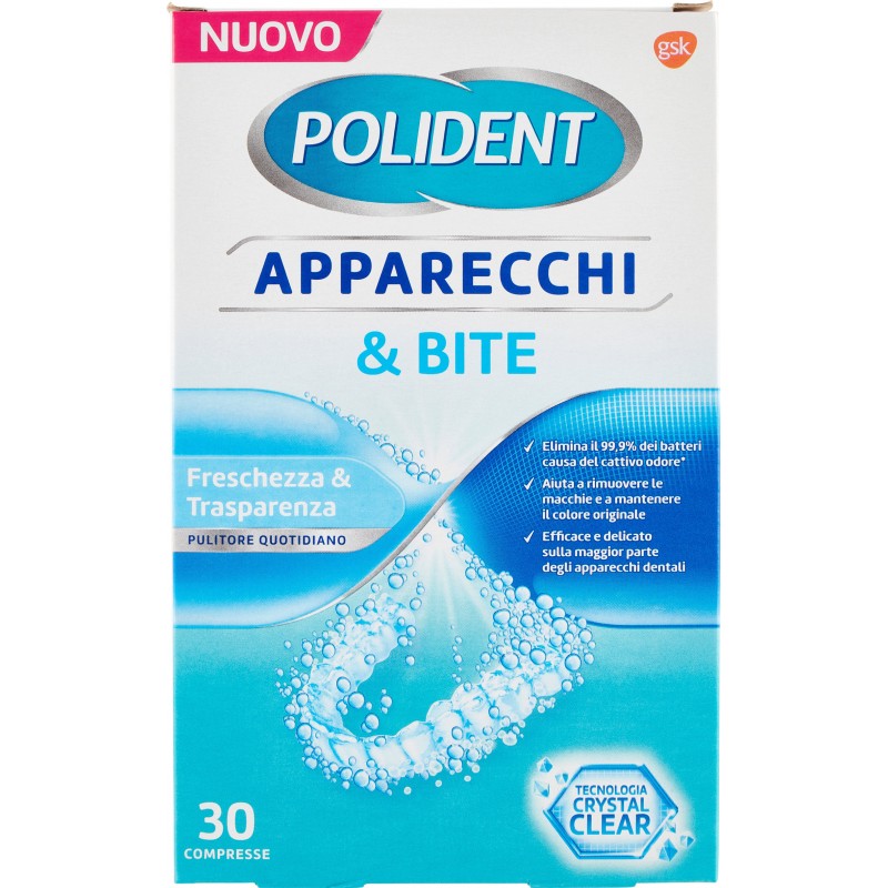 Polident Apparecchi & Bite Freschezza & Trasparenza Pulitore Quotidiano Compresse 30 pz
