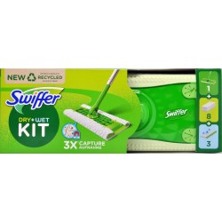 Swiffer Starter Kit Preassemblato-Scopa con 1Manico+8Panni Catturapolvere+3Panni Umidi Lavapavimenti