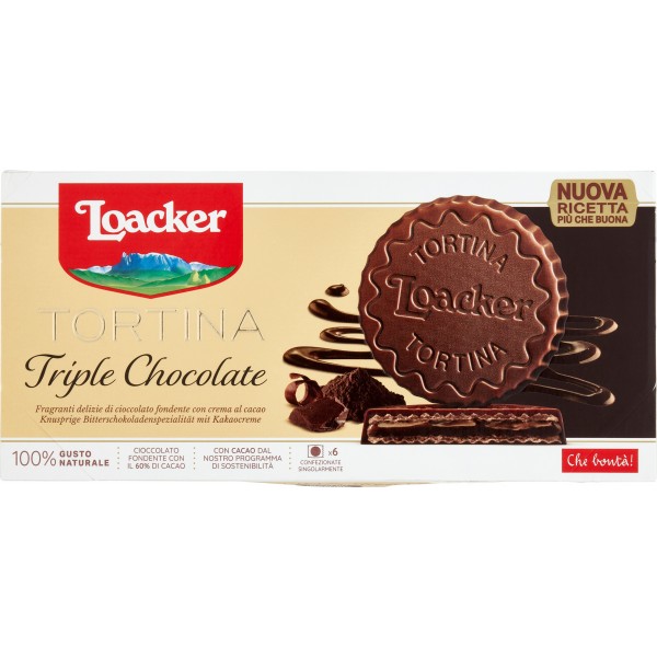 Loacker Tortina Triple Chocolate wafer con cioccolato fondente 21gx6 Loacker Tortina Triple Chocolate wafer con cioccolato fondente 21gx6