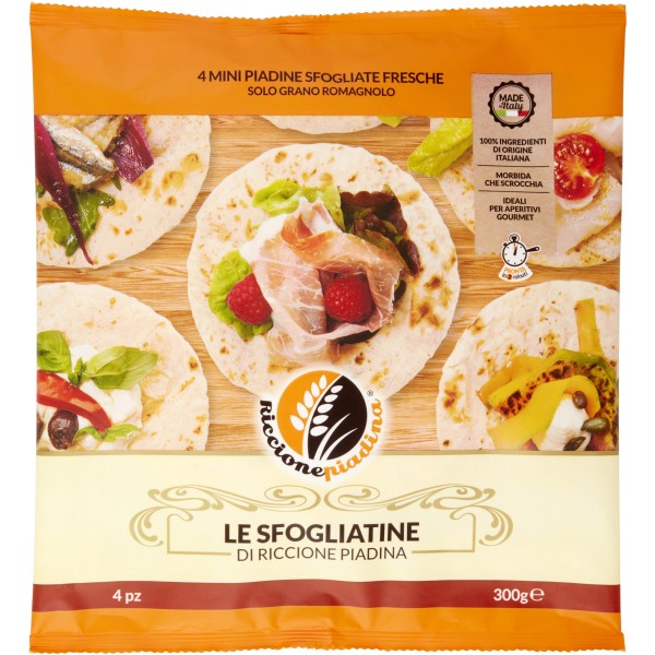 Riccionepiadina le Sfogliatine 4 Mini Piadine Sfogliate Fresche 300 g Riccionepiadina le Sfogliatine 4 Mini Piadine Sfogliate Fresche 300 g