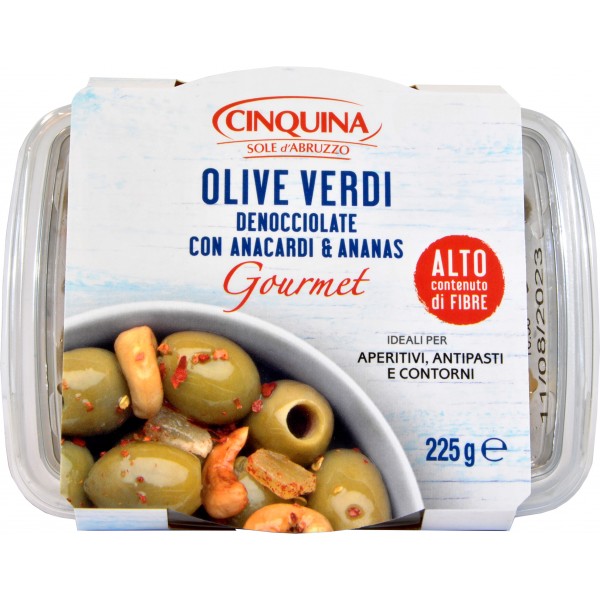 Cinquina olive denocciolate con anacardi e ananas gr.225 Cinquina olive denocciolate con anacardi e ananas gr.225