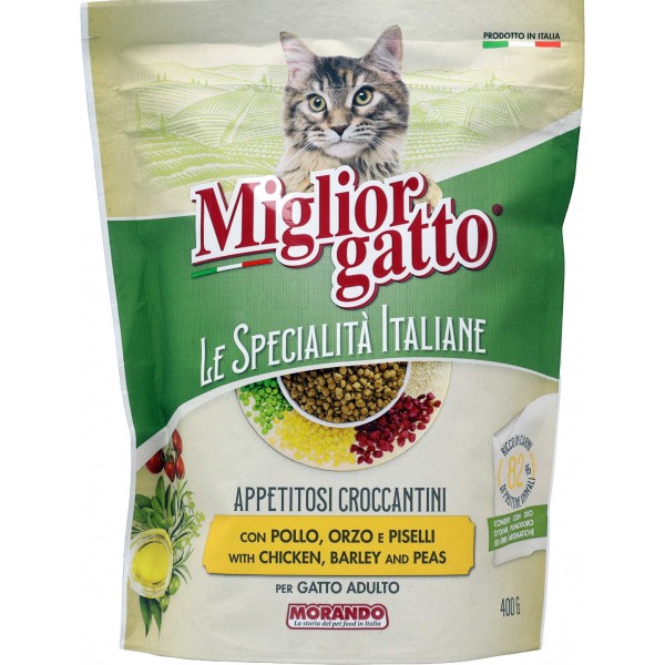 Migliorgatto Le Specialità Italiane Appetitosi Croccantini Pollo, Orzo e Piselli Gatto Adulto 400 Gr.