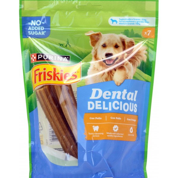 PURINA FRISKIES Dental delicious Snack igiene orale e dentale gusto pollo taglia M/L busta 200 g PURINA FRISKIES Dental delicious Snack igiene orale e dentale gusto pollo taglia M/L busta 200 g